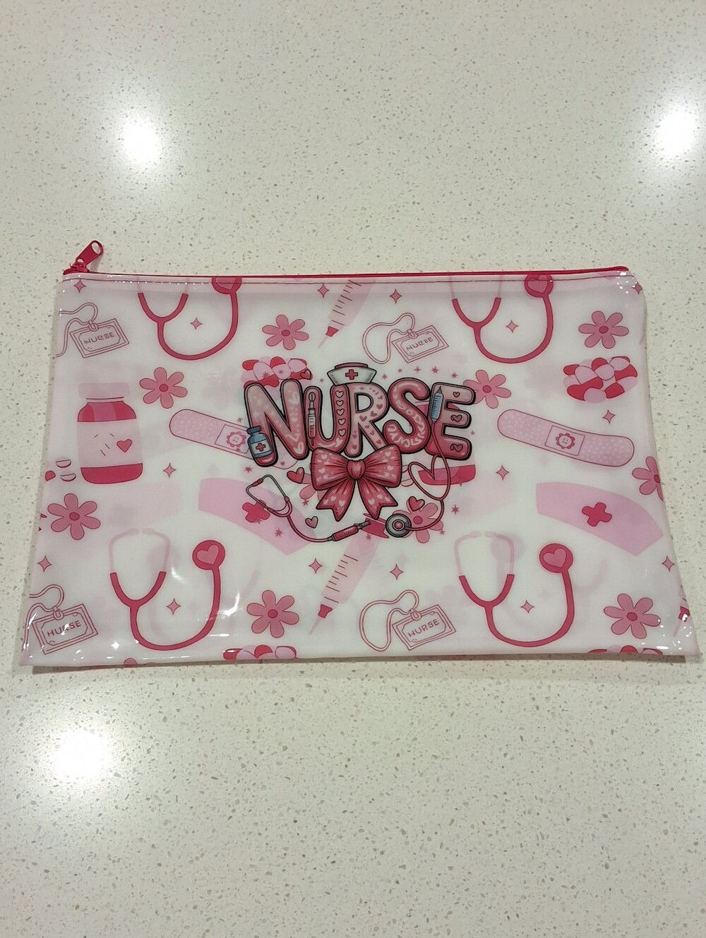 Pink & White Nurse Large Waterproof Zipper Pouch Organizer Tablet Pouch, NEW